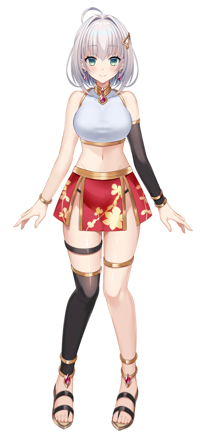 1girl, ahoge, anklet, arm_warmers, bare_shoulders, black_legwear, bracelet, breasts, brooch, collarbone, crop_top, earrings, full_body, gold_trim, green_eyes, hair_ornament, hairclip, harimoji, highres, jewelry, kazuki_mikuru, large_breasts, looking_at_viewer, midriff, miniskirt, navel, official_art, panty_straps, pelvic_curtain, pro_production, red_skirt, sandals, shirt, short_hair, silver_hair, simple_background, single_thighhigh, skirt, sleeveless, sleeveless_shirt, smile, solo, stomach, thigh-highs, thigh_strap, virtual_youtuber, white_background, white_shirt