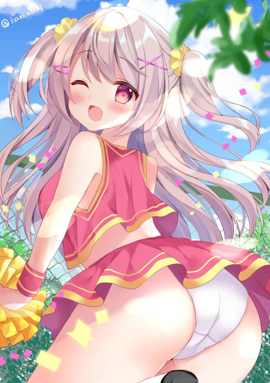 1girl, ;d, ass, bangs, bare_arms, blue_sky, blush, breasts