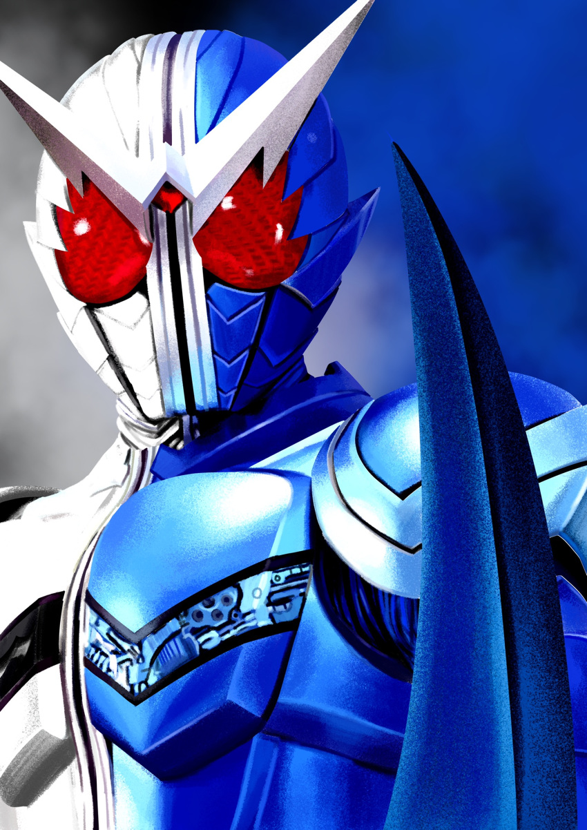 1boy, 4ze_meteor, armor, blue_background, close-up, highres, kamen_rider, kamen_rider_double, kamen_rider_w, looking_down, male_focus, red_eyes, solo, tokusatsu, v-fin, white_background