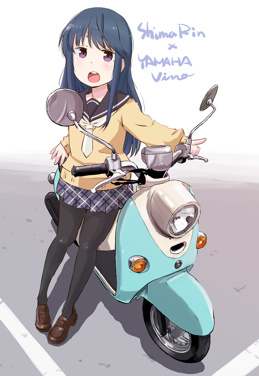 1girl, blue_hair, character_name, ground_vehicle, highres, long_hair, looking_at_viewer, maruyo