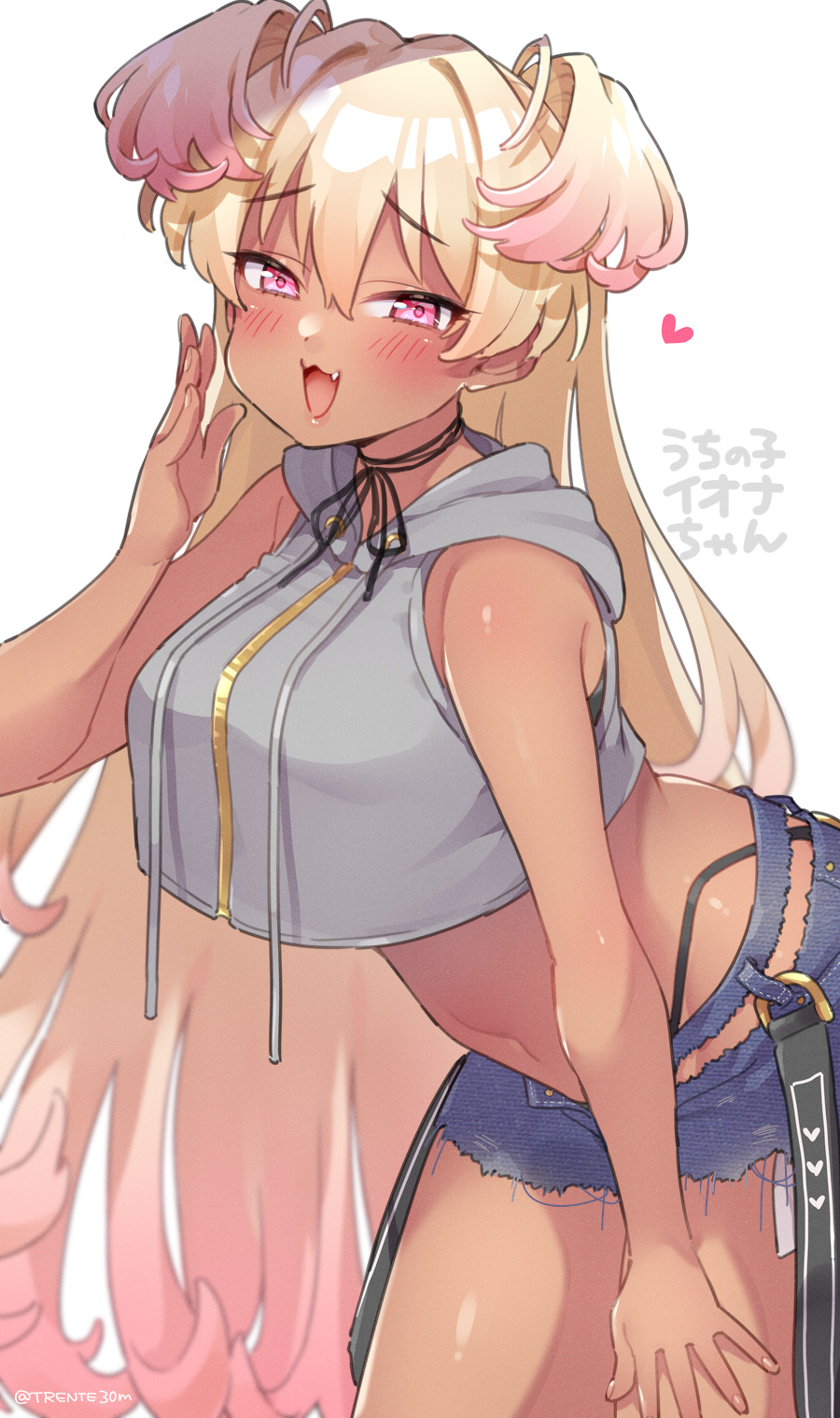 1girl, :d, bare_arms, bare_shoulders, black_panties, blonde_hair, blue_shorts, blurry