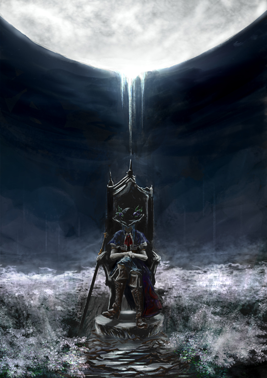 1girl, absurdres, arm_rest, black_headwear, bloodborne, blouse, blue_capelet, blue_hair