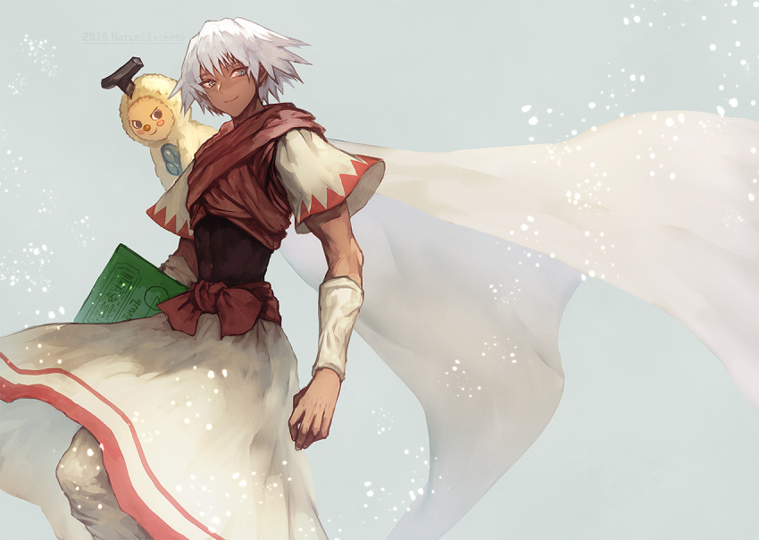 2boys, alishie_(konjiki_no_gash!!), black_eyes, blush_stickers, book, cape, closed_mouth, commentary, dark_skin, grey_eyes, holding, holding_book, konjiki_no_gash!!, light_smile, male_focus, multiple_boys, riya_(konjiki_no_gash!!), short_sleeves, waterstaring, white_cape, yellow_fur