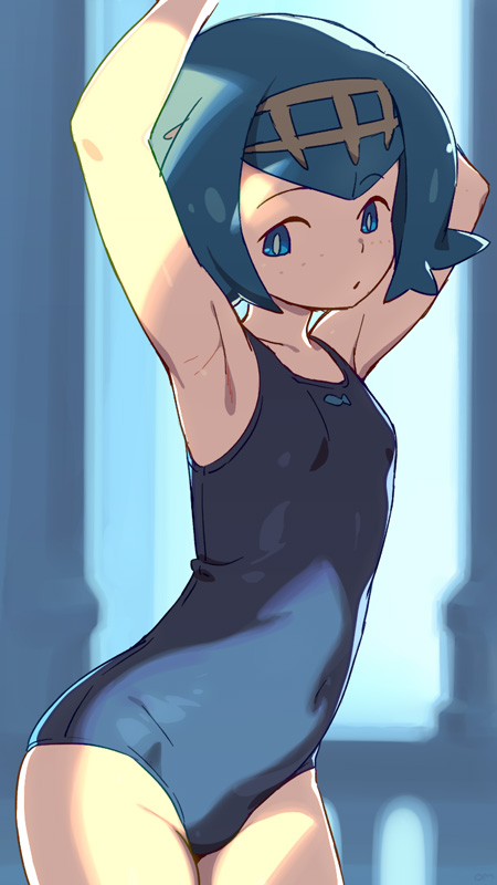 1girl, armpits, arms_up, bangs, blue_eyes, blue_hair, breasts, commentary