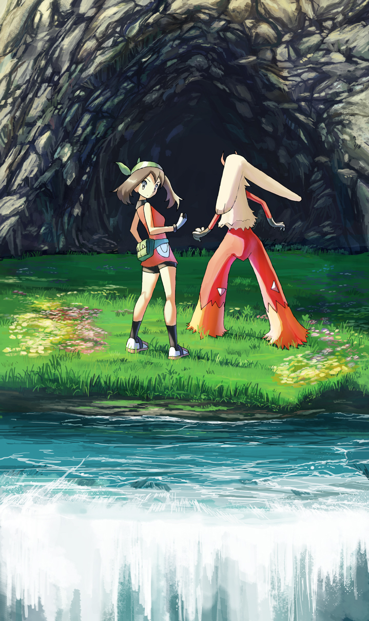 1girl, bangs, bare_arms, bike_shorts, black_legwear, blaziken, brown_hair, cave