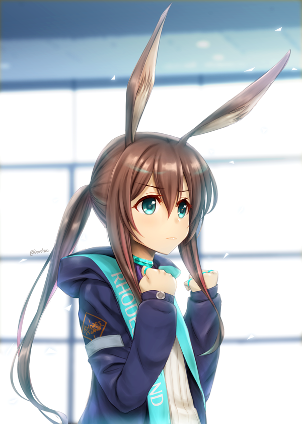 1girl, amiya_(arknights), animal_ears, arknights, bangs, blue_eyes, blue_jacket, brown_hair