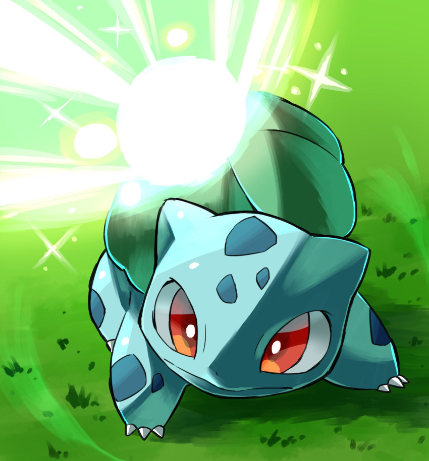 bulbasaur, closed_mouth, commentary, day, from_above, gen_1_pokemon, grass, highres, hyou_(hyouga617), no_humans, orange_eyes, outdoors, pokemon, pokemon_(creature), solar_beam_(pokemon), starter_pokemon