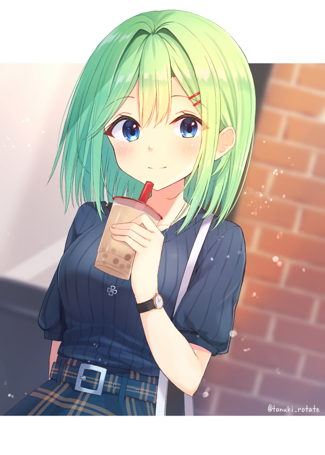 1girl, bag, bangs, belt, blue_eyes, blurry, blurry_background, blush
