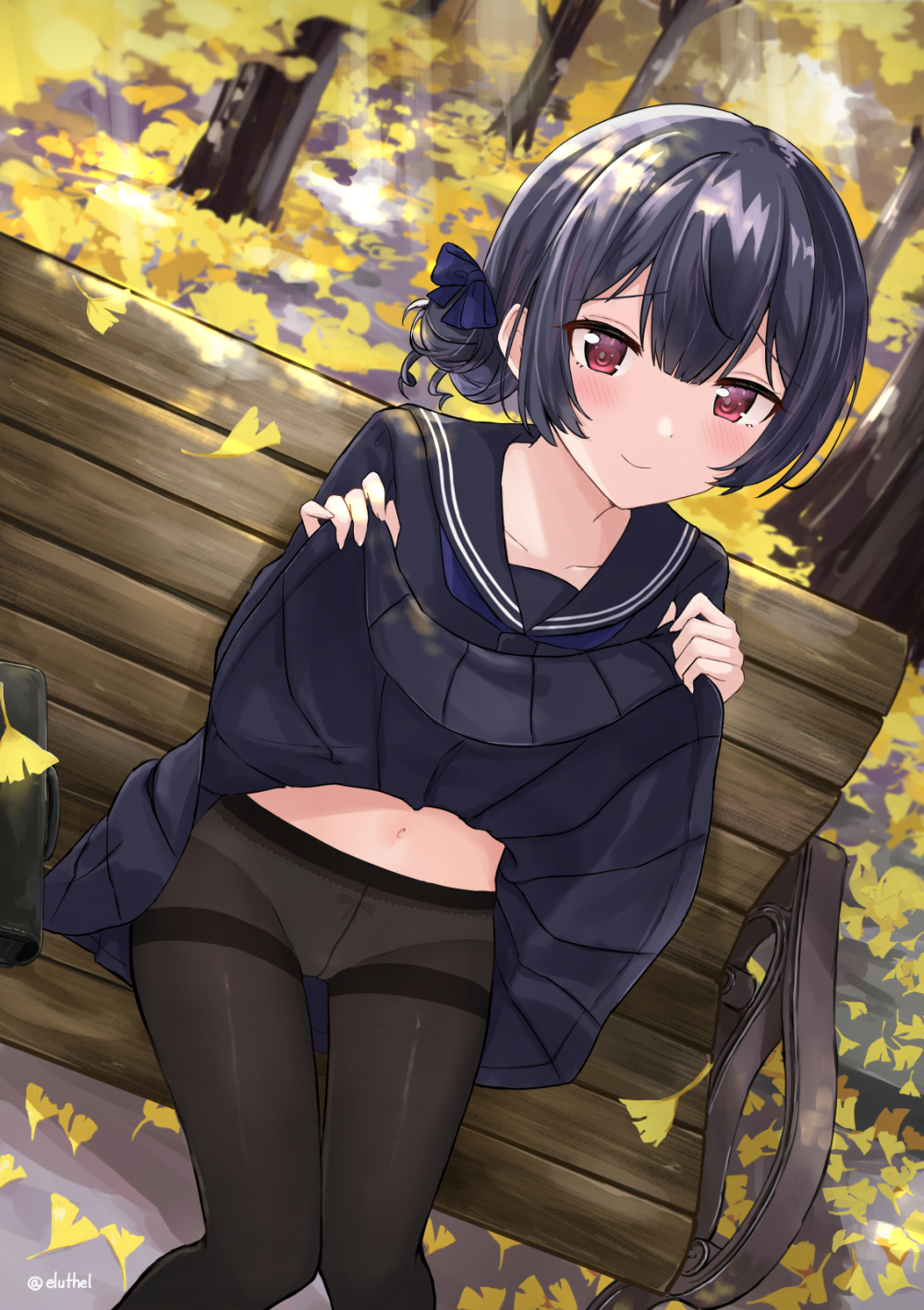 1girl, autumn, autumn_leaves, bag, bangs, bench, black_hair, black_legwear