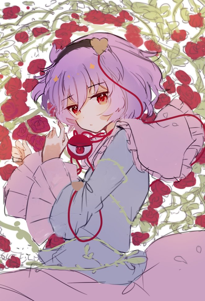 1girl, blouse, blue_blouse, chieezuik, eyeball, flower, frilled_shirt_collar, frills
