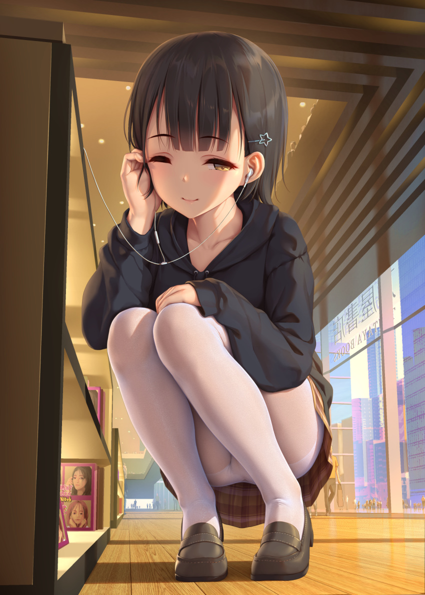 1girl, ;), bangs, black_footwear, black_hair, black_hoodie, black_sweater, blunt_bangs, blush, brown_skirt, closed_mouth, collarbone, eyebrows_visible_through_hair, full_body, hair_ornament, hairclip, highres, himitsu_(hi_mi_tsu_2), hood, hood_down, loafers, miniskirt, one_eye_closed, original, outdoors, pantyhose, plaid, plaid_skirt, shoes, shopping_district, short_hair, skirt, smile, solo_focus, squatting, star_(symbol), star_hair_ornament, sweater, white_legwear, wooden_floor, yellow_eyes