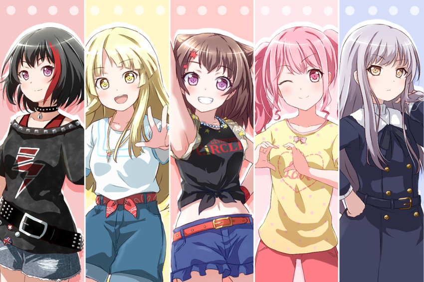 5girls, ;), armpits, bang_dream!, bangs, choker, commentary_request, eyebrows_visible_through_hair