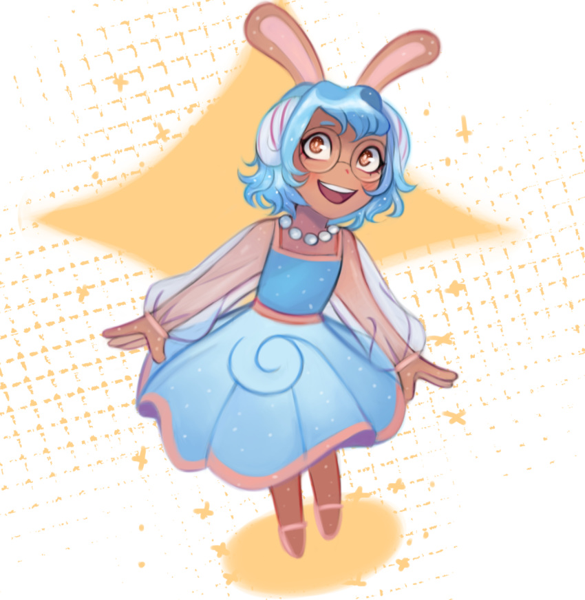 animal_ears, artist_request, blue_dress, blue_hair, bunny_girl, cucumber_quest, dress, glasses