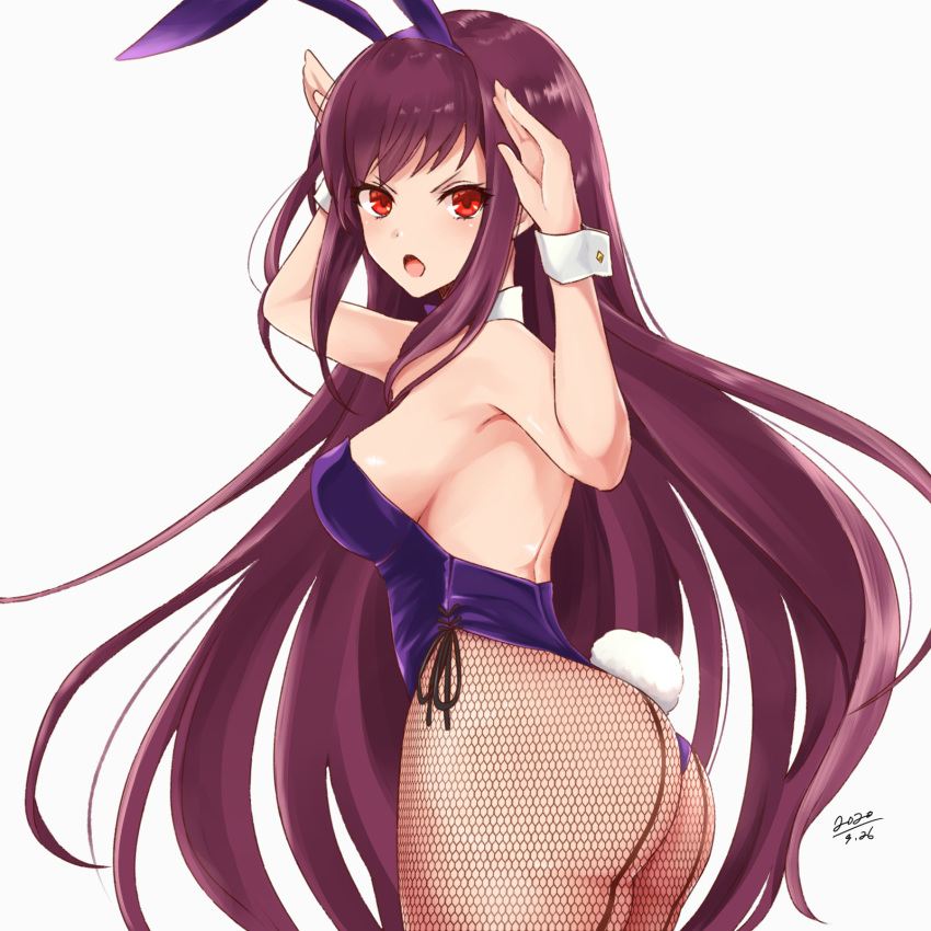 1girl, akari4, animal_ears, ass, bangs, blush, breasts, bunny_pose