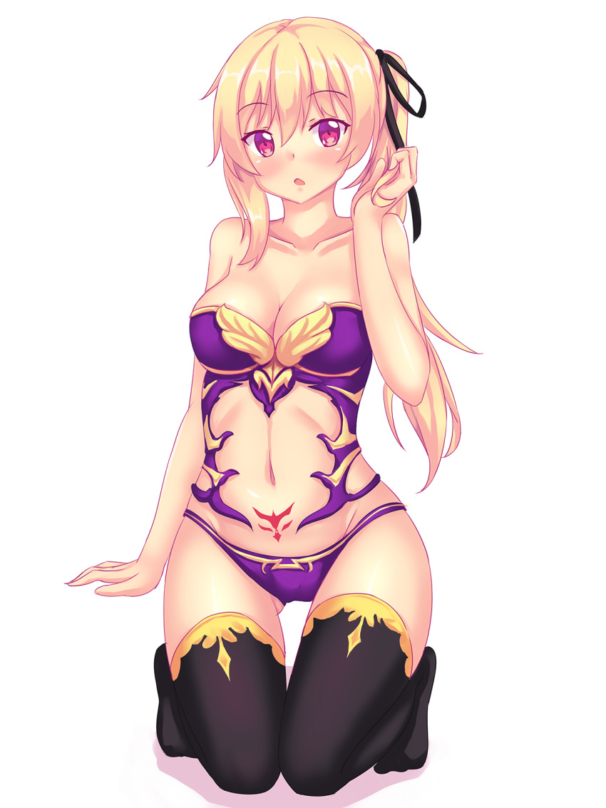 1girl, bangs, black_legwear, blonde_hair, breasts, corset, eyebrows_visible_through_hair, gold_trim