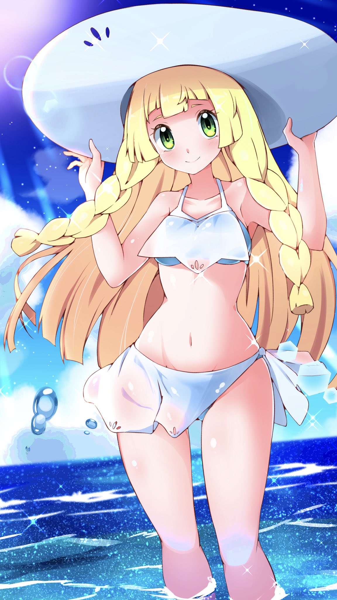 1girl, bangs, blonde_hair, blush, braid, closed_mouth, clouds, collarbone, commentary_request, day, eyelashes, green_eyes, hands_on_headwear, hands_up, hat, highres, lens_flare, lillie_(pokemon), long_hair, looking_at_viewer, miyama-san, navel, outdoors, pokemon, pokemon_(game), pokemon_sm, shiny, shiny_skin, sky, smile, solo, sparkle, standing, swimsuit, twin_braids, wading, water, water_drop, white_headwear