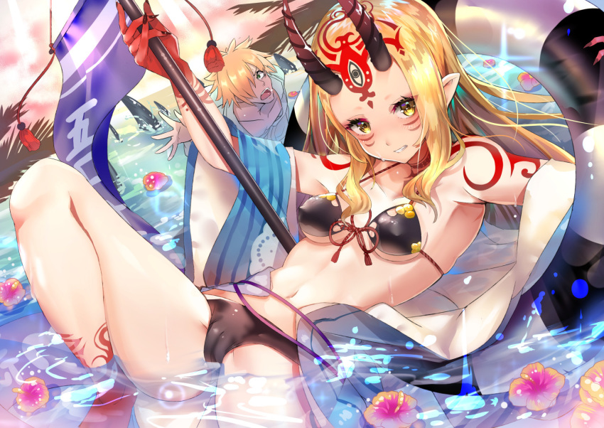 1boy, 1girl, bangs, bare_shoulders, bikini, black_bikini, blonde_hair, blue_kimono