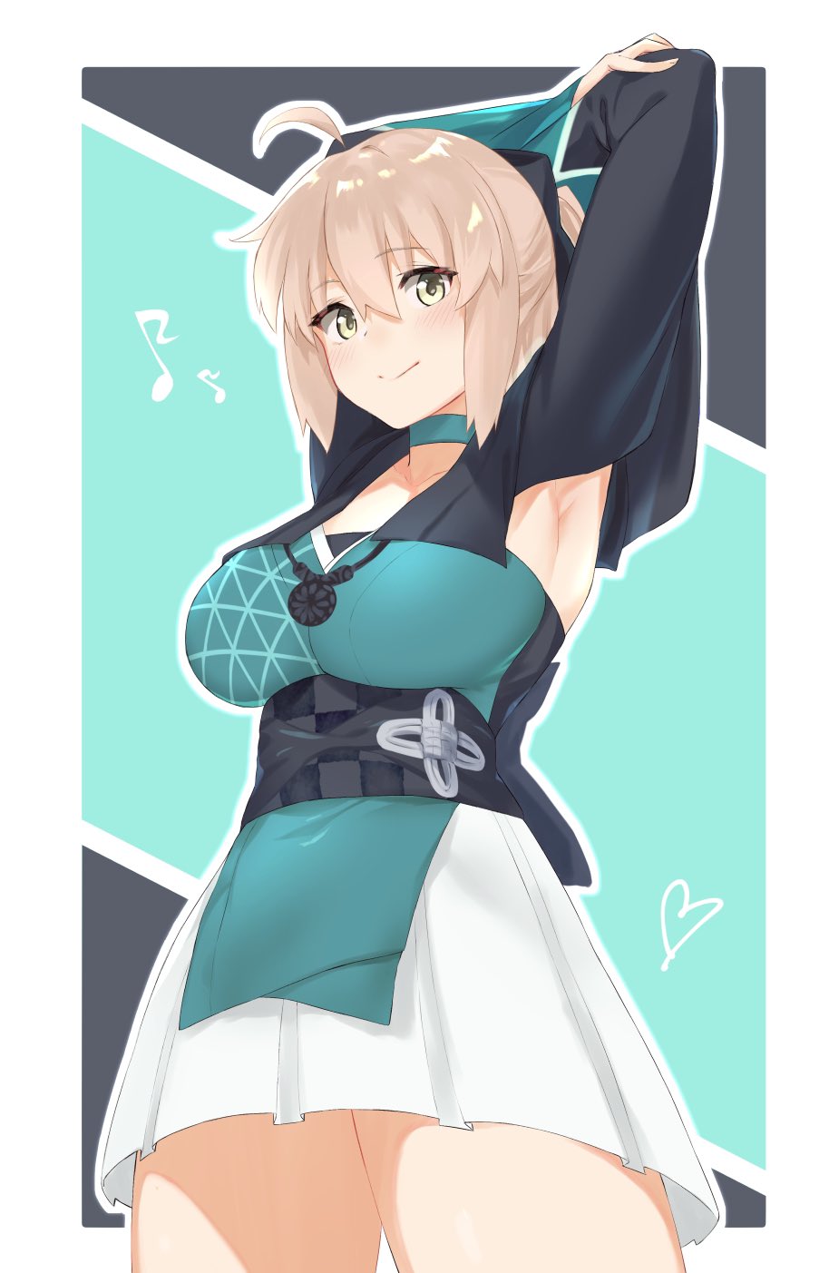 1girl, ahoge, armpits, arms_behind_head, arms_up, bangs, black_bow, blonde_hair