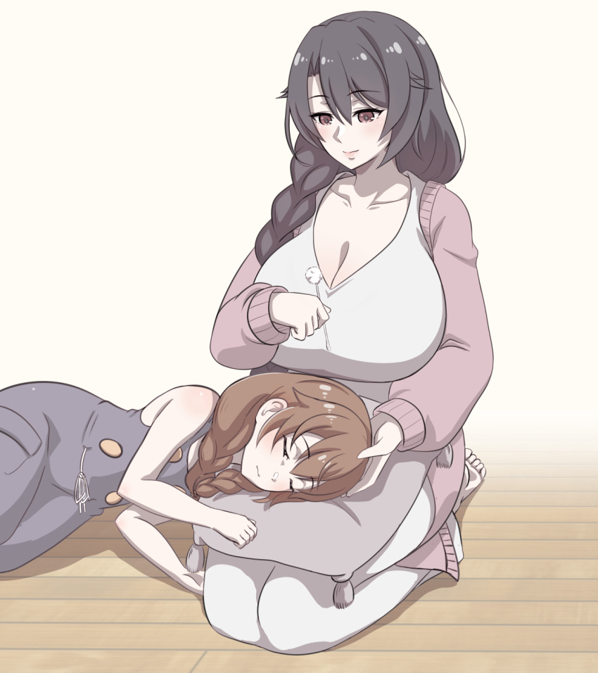 2girls, allgreen, black_hair, black_wyrm_s9, blush, braid, breasts, brown_hair, cardigan, closed_eyes, dress, dutch_girl_(last_origin), hair_between_eyes, highres, huge_breasts, lap_pillow, last_origin, long_dress, long_hair, mimikaki, motherly, multiple_girls, overalls, red_eyes, simple_background, single_braid, smile, twin_braids, white_background, white_dress