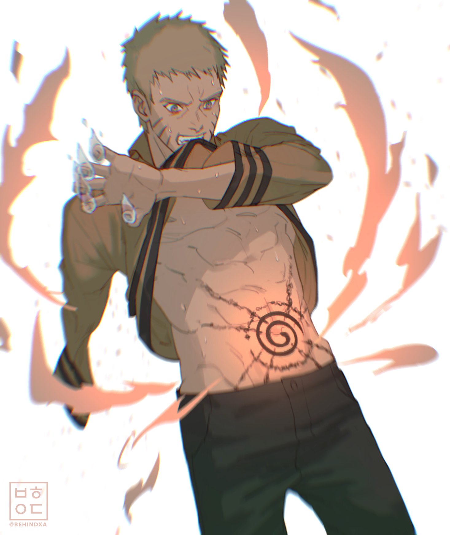 1boy, abs, behindxa, black_pants, blonde_hair, boruto:_naruto_next_generations, clenched_teeth, commentary_request