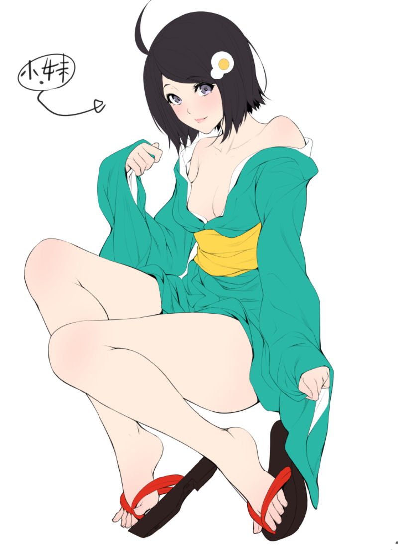 1girl, araragi_tsukihi, bakemonogatari, black_hair, blush, egg_hair_ornament, food_themed_hair_ornament, fried_egg, green_kimono, hair_ornament, japanese_clothes, kimono, legs, medium_hair, monogatari_(series), no_bra, simple_background, sketch, solo, translation_request, violet_eyes, white_background, zucchini