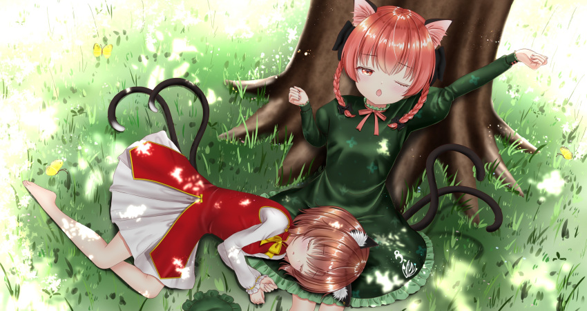 2girls, against_tree, animal_ear_fluff, animal_ears, arms_up, barefoot, braid, brown_hair