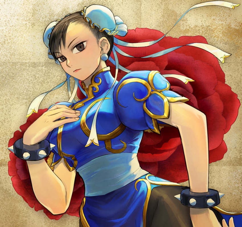 1girl, blue_dress, bracelet, breasts, brown_eyes, brown_hair, bun_cover, capcom