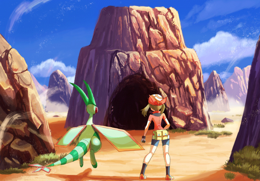 1girl, bike_shorts, black_legwear, cave, clouds, commentary_request, day, fanny_pack