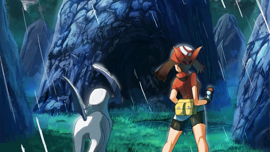 1girl, absol, bike_shorts, brown_hair, commentary_request, fanny_pack, gen_3_pokemon, grass