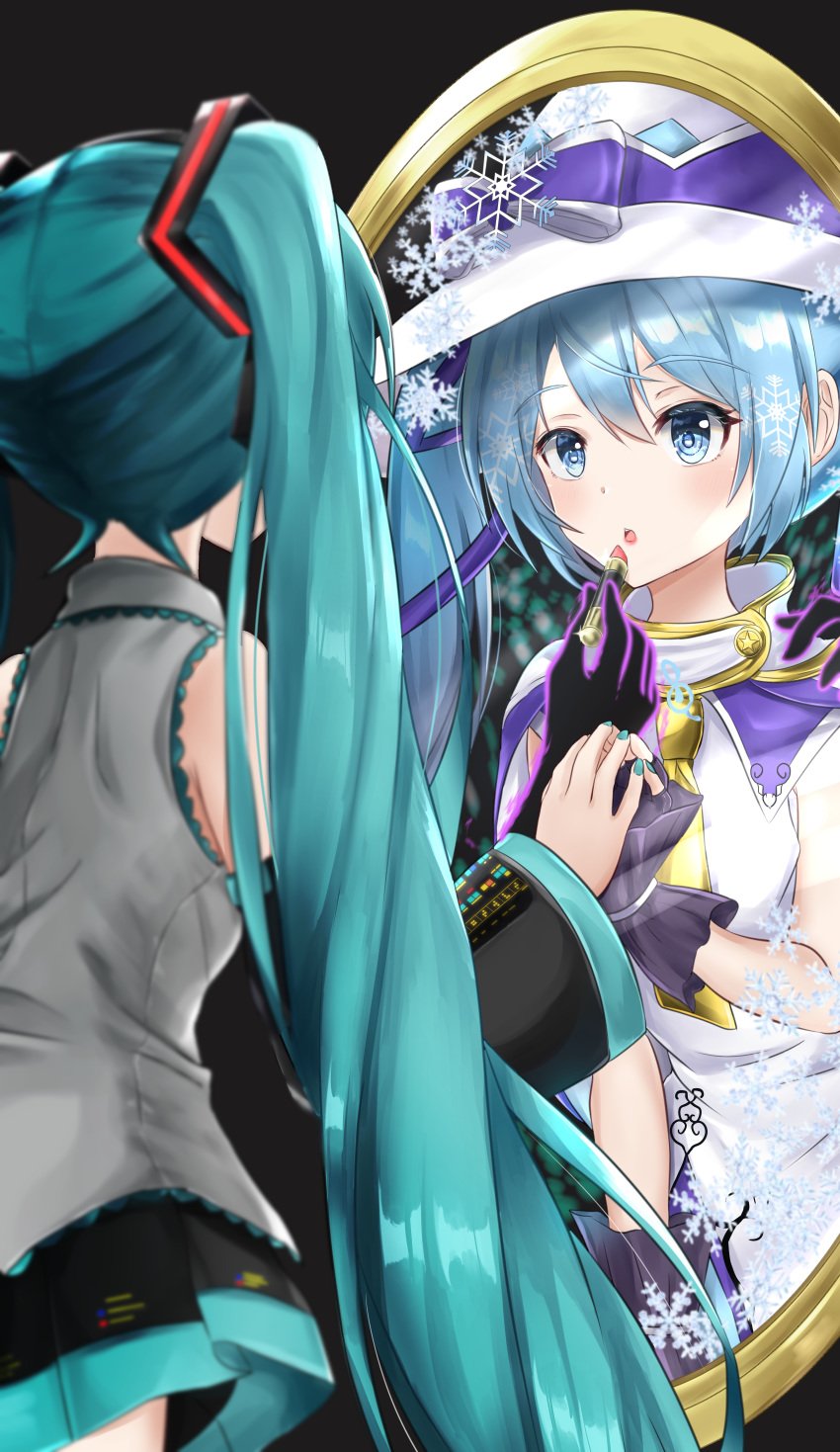 2girls, :o, absurdres, aqua_eyes, aqua_hair, aqua_nails, bare_shoulders, black_skirt, black_sleeves, bow, cloak, detached_sleeves, different_reflection, dual_persona, fingerless_gloves, from_behind, gloves, glowing_hands, grey_shirt, hair_ornament, hand_on_another's_shoulder, hands_together, hat, hat_bow, hatsune_miku, headphones, highres, huge_filesize, incredibly_absurdres, itogari, large_hat, light_blue_eyes, light_blue_hair, light_blush, lipstick, long_hair, looking_at_another, magic_mirror_(snow_white), makeup, miniskirt, multiple_girls, nail_polish, necktie, open_mouth, pleated_skirt, purple_gloves, reflection, shirt, short_necktie, silhouette, skirt, sleeveless, sleeveless_shirt, snowflakes, striped, striped_bow, twintails, upper_body, very_long_hair, vocaloid, white_headwear, white_shirt, witch_hat, yellow_neckwear, yuki_miku, yuki_miku_(2014)