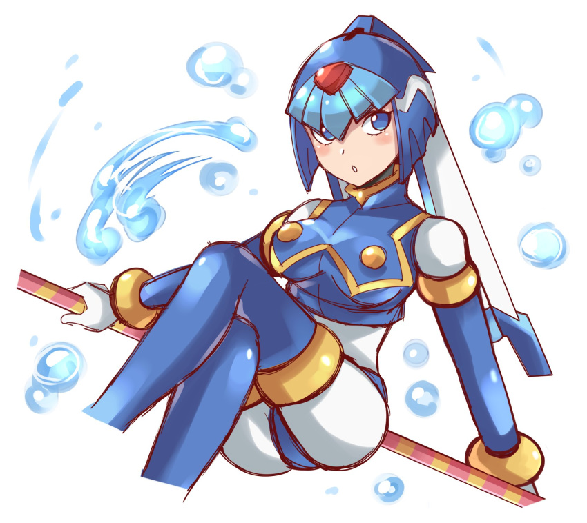 1girl, android, blue_eyes, bodysuit, breasts, bubble, cropped_legs, crossed_legs, helmet, highres, himurororo, holding, holding_weapon, large_breasts, leviathan_(rockman), polearm, rockman, rockman_zero, simple_background, solo, thigh-highs, water, weapon, white_background