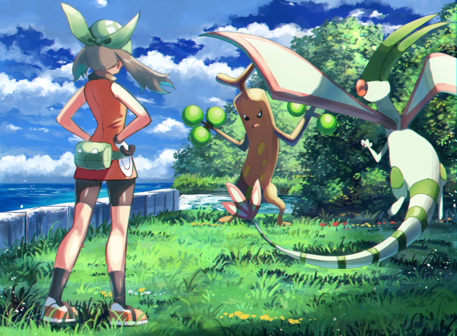 1girl, bare_arms, bike_shorts, black_legwear, brown_hair, bush, clouds, commentary_request