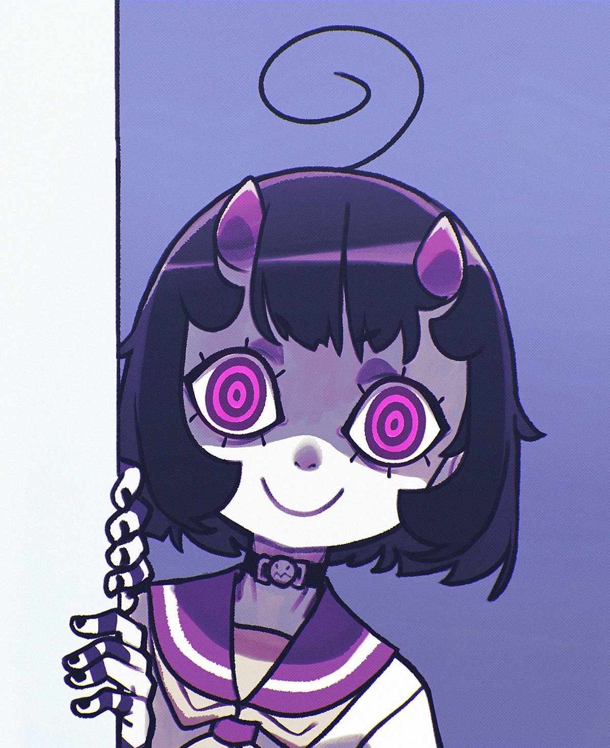 1girl, ahoge, alexis_rives, bangs, black_nails, bob_cut, choker, commentary
