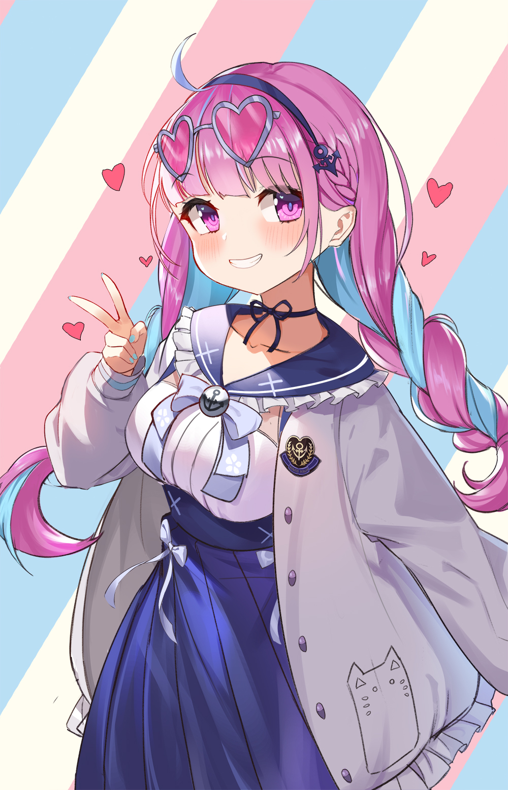1girl, ahoge, bangs, black_hairband, blue_hair, blue_nails, blue_sailor_collar, blue_skirt