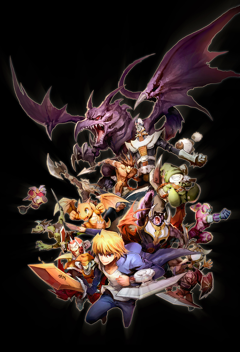 alligator's_sword, baby_dragon, black_background, blonde_hair, blue_jacket, blue_pants, brown_eyes, card