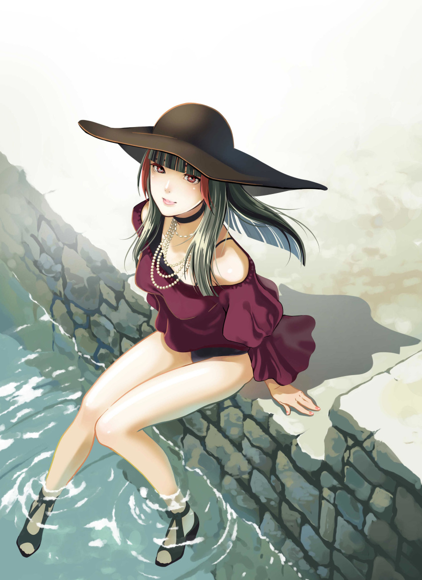 1girl, absurdres, black_hair, choker, crimson_(vtuber), frilled_sleeves, frills, hat