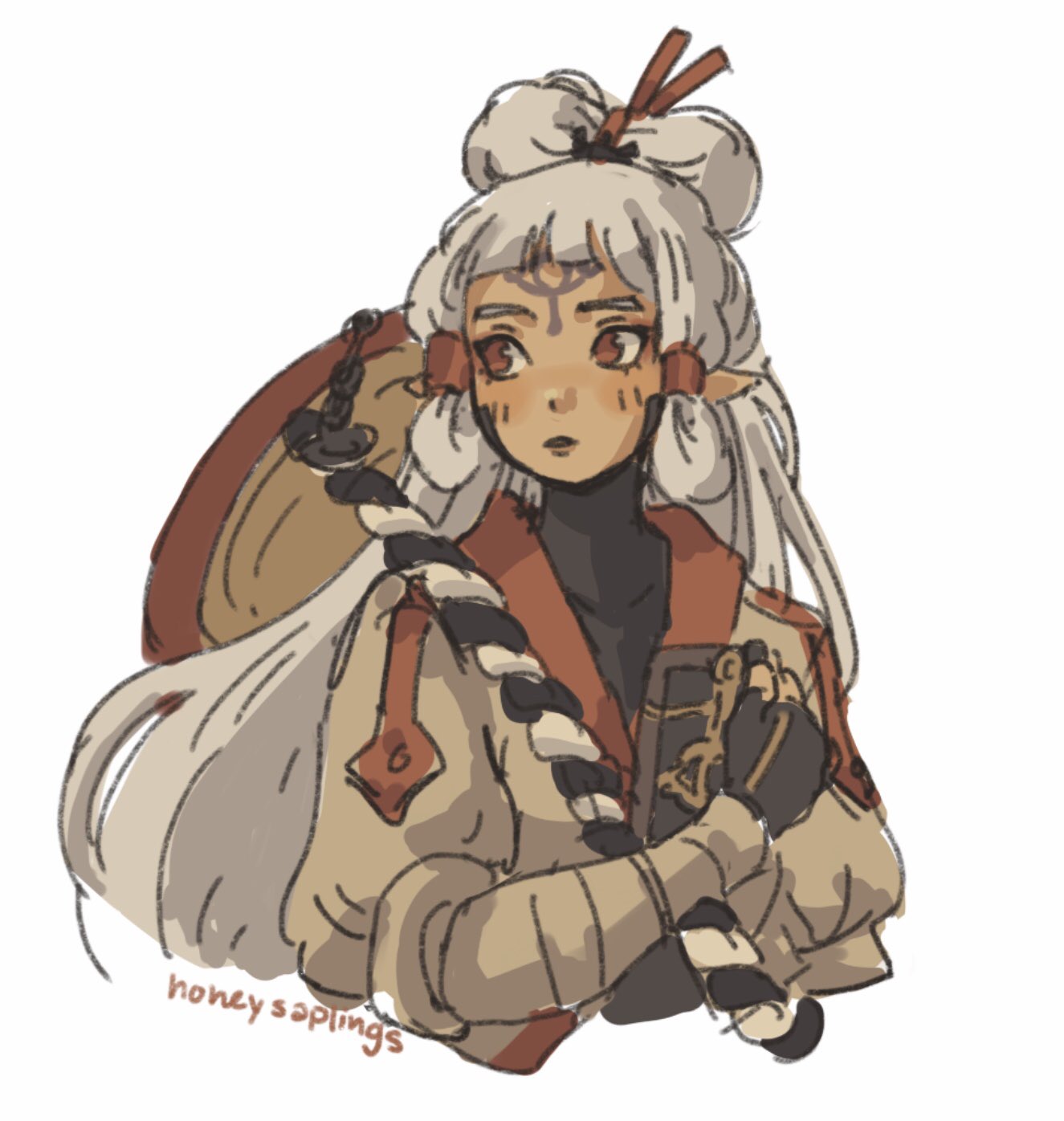 1girl, bangs, facepaint, hair_bun, hair_ornament, hands_on_own_chest, hat, hat_removed, headwear_removed, highres, honeysaplings, hyrule_warriors:_age_of_calamity, impa, long_hair, long_sleeves, looking_to_the_side, pointy_ears, rice_hat, sheikah, sheikah_slate, simple_background, tattoo, the_legend_of_zelda, the_legend_of_zelda:_breath_of_the_wild, white_background, white_hair