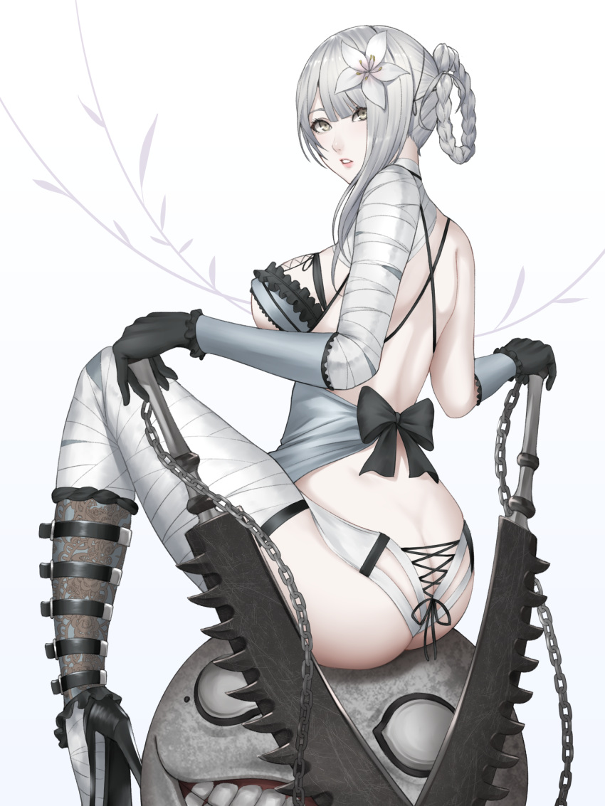 1girl, ass, bandaged_arm, bandaged_leg, bandaged_neck, bandages, bangs, bare_shoulders
