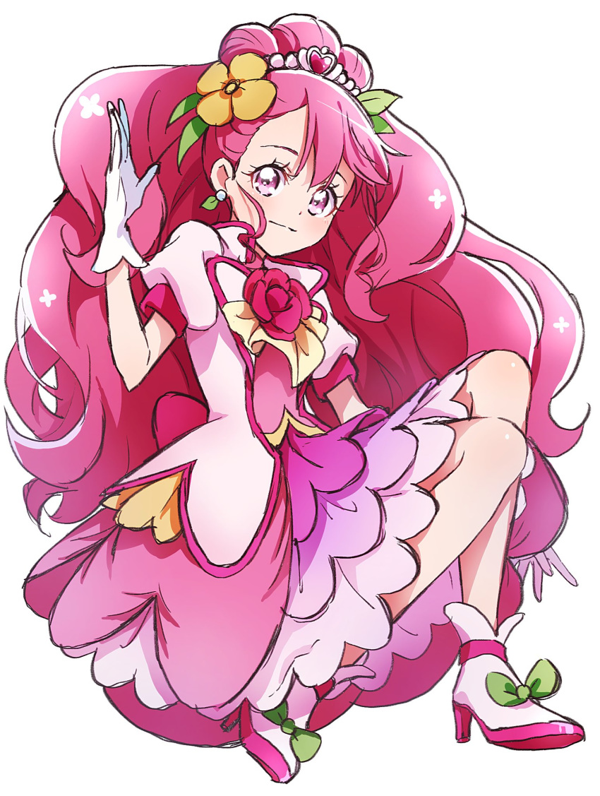 1girl, closed_mouth, commentary_request, cure_grace, dress, earrings, flower, full_body