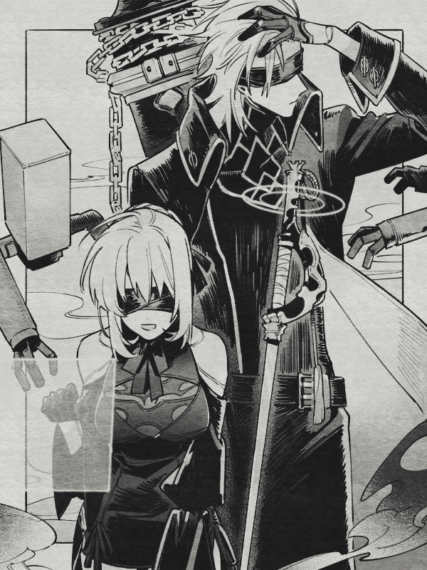 1boy, 1girl, antenna_hair, belt, blindfold, chain, closed_mouth, floating