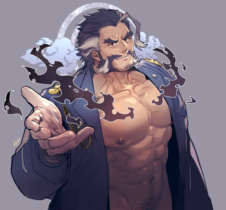 1boy, abs, ahoge, bara, bare_chest, chest, daikoku_(tokyo_houkago_summoners), dark_blue_hair