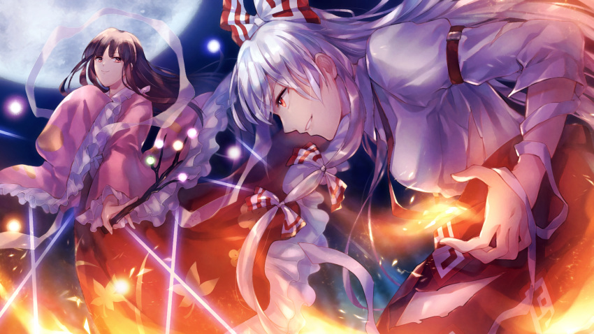 2girls, arm_belt, arms_up, black_hair, branch, commentary_request, cowboy_shot, fire