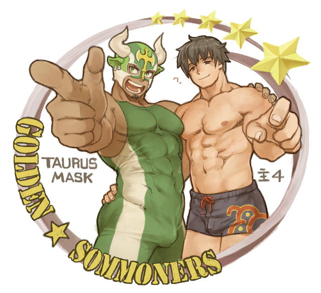 2boys, bara, black_hair, bobfosse, bulge, character_request, chest, facial_hair