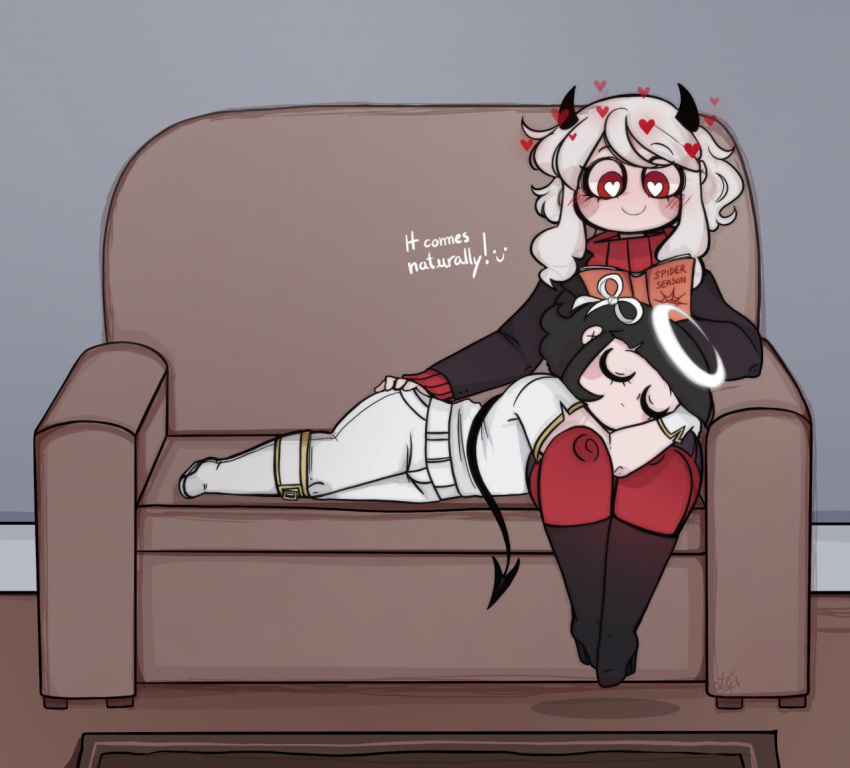 2girls, angel, armchair, azazel_(helltaker), carpet, chair, chibi, closed_eyes