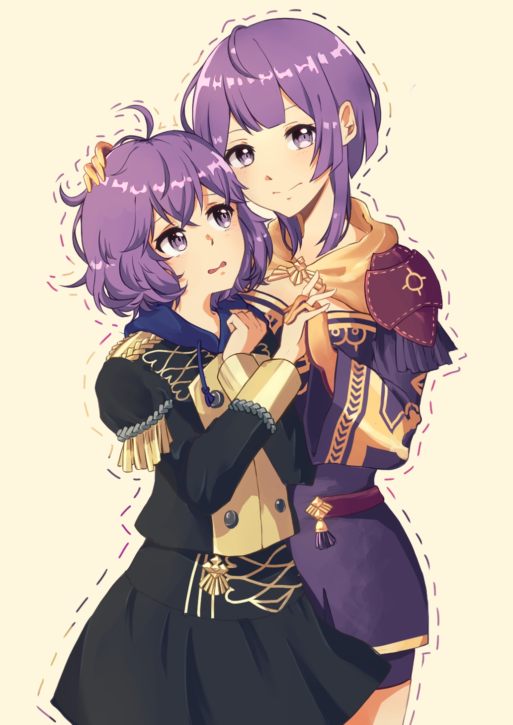 2girls, age_progression, ahoge, armor, bernadetta_von_varley, dotted_line, dual_persona, fire_emblem, fire_emblem:_three_houses, garreg_mach_monastery_uniform, hand_on_another's_head, head_to_head, highres, interlocked_fingers, looking_at_another, looking_at_viewer, looking_to_the_side, looking_up, messy_hair, multiple_girls, nervous, open_mouth, outline, purple_hair, short_hair, shorts_under_dress, shoulder_armor, sidelocks, simple_background, spaulders, t_amayuki_b, tan_background, violet_eyes