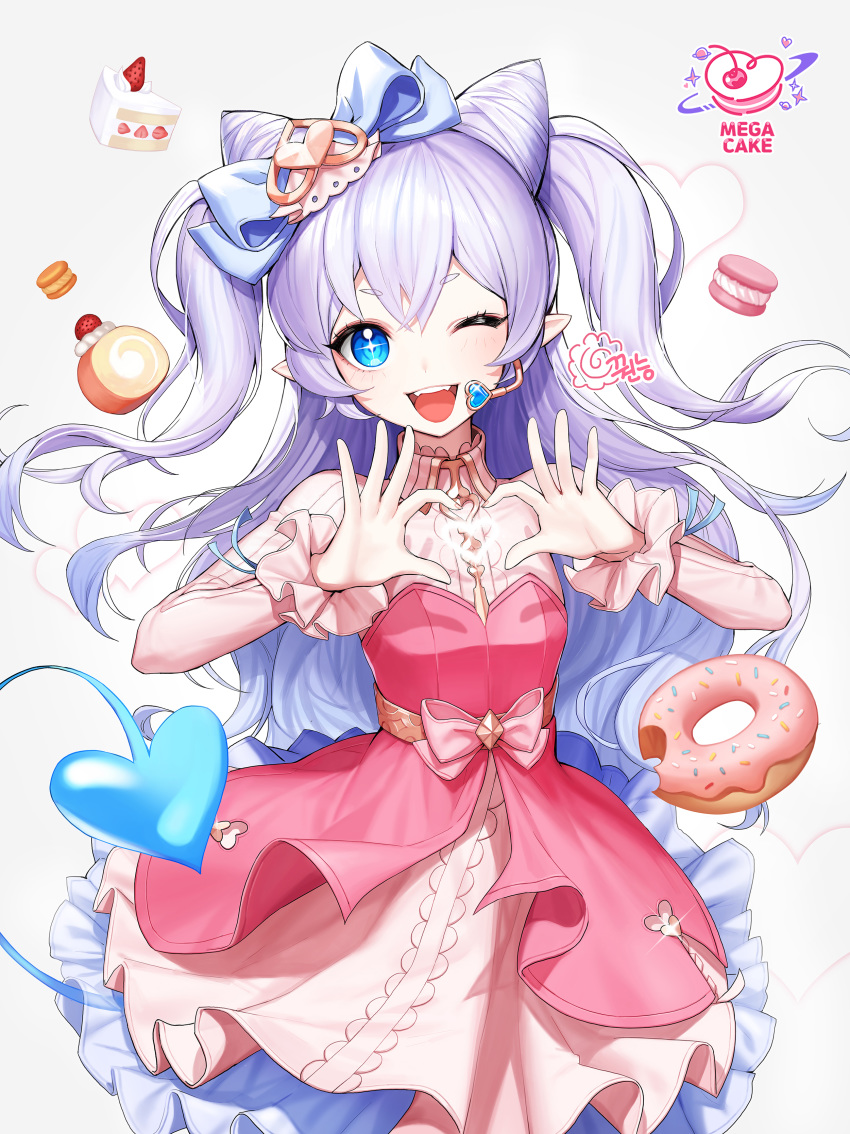 +_+, :d, ;d, absurdres, bangs, blue_eyes, cake, demon_girl