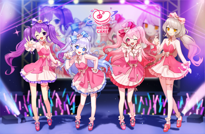 +_+, 4girls, :d, ;d, absurdres, aisha_landar, audience, blue_bow, blue_eyes, bow, collared_dress, demon_girl, demon_tail, dress, elsword, eve_(elsword), eyebrows_visible_through_hair, facial_mark, fang, full_body, glint, glowstick, hair_bow, hand_on_hip, hand_up, hands_up, heart, highres, idol, jewelry, laby_(elsword), light_particles, long_hair, looking_at_viewer, luciela_r._sourcream, mega_cake, microphone, multiple_girls, one_eye_closed, open_mouth, orange_eyes, outstretched_arm, pink_bow, pink_eyes, pink_footwear, pink_hair, pointy_ears, power_(lu_power), purple_bow, purple_hair, ring, shadow, sharp_teeth, shoes, silver_hair, smile, socks, sparkle, stage, standing, star_(symbol), tail, teeth, thigh_strap, twintails, two_side_up, v, very_long_hair, violet_eyes, white_legwear