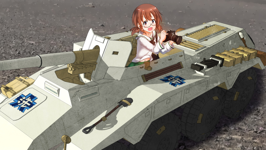 1girl, armored_vehicle, blush, brown_hair, camera, emblem, girls_und_panzer, glasses