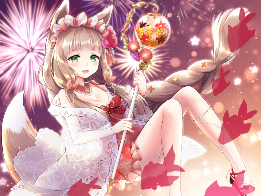 1girl, :d, aerial_fireworks, animal_ear_fluff, animal_ears, bangs, black_footwear, braid