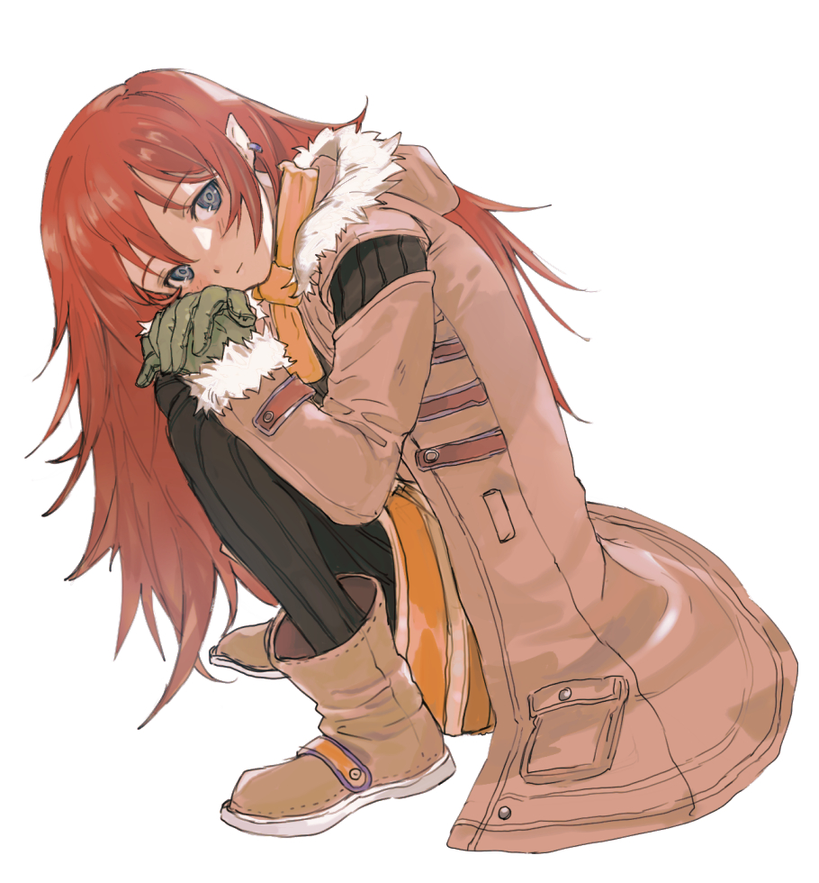 1girl, abuku, bangs, black_legwear, blue_eyes, blush, boots, earrings